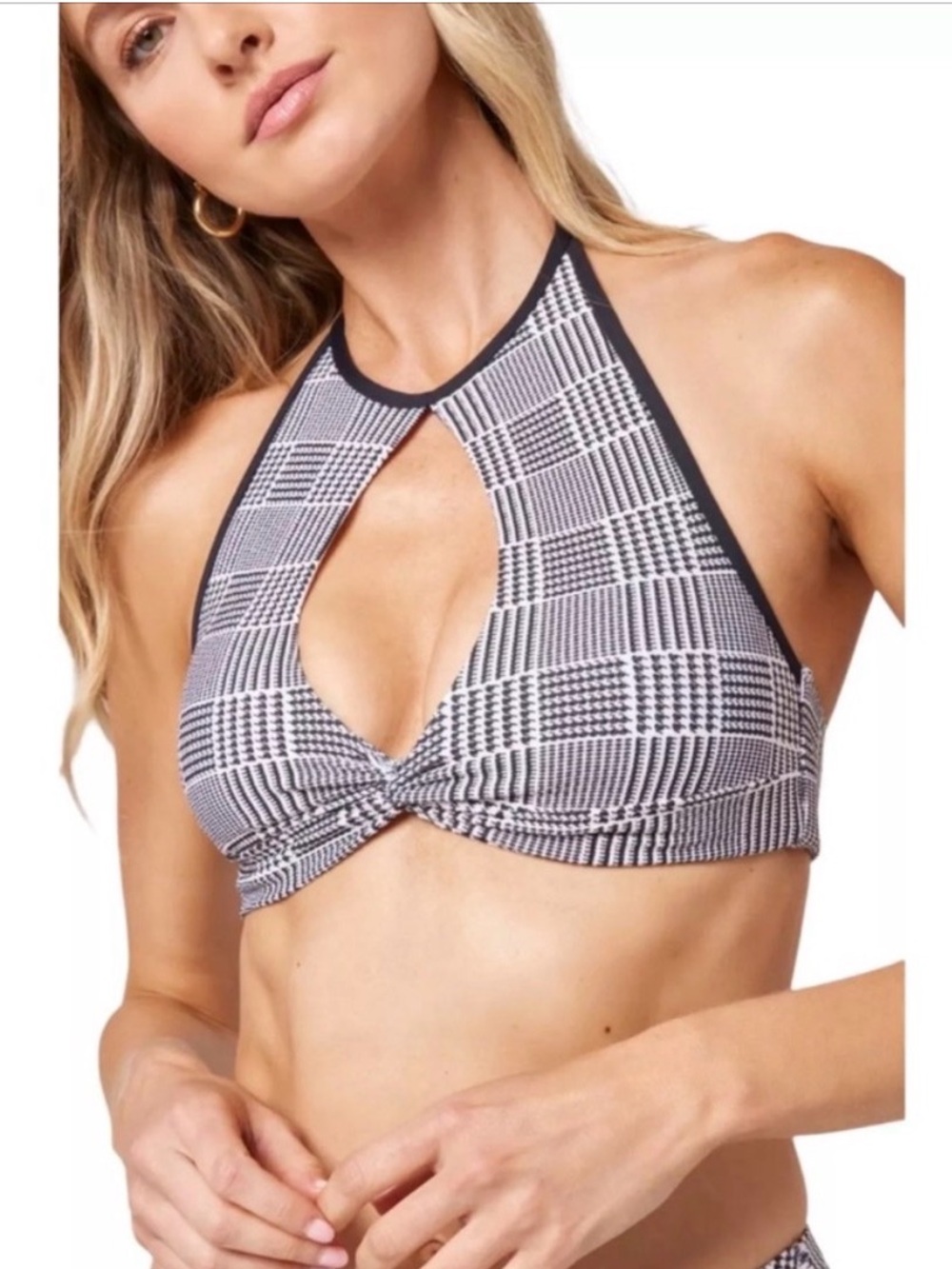 NWT L*Space Jessy Halter Bikini Top Black White Houndstooth Plaid Swim